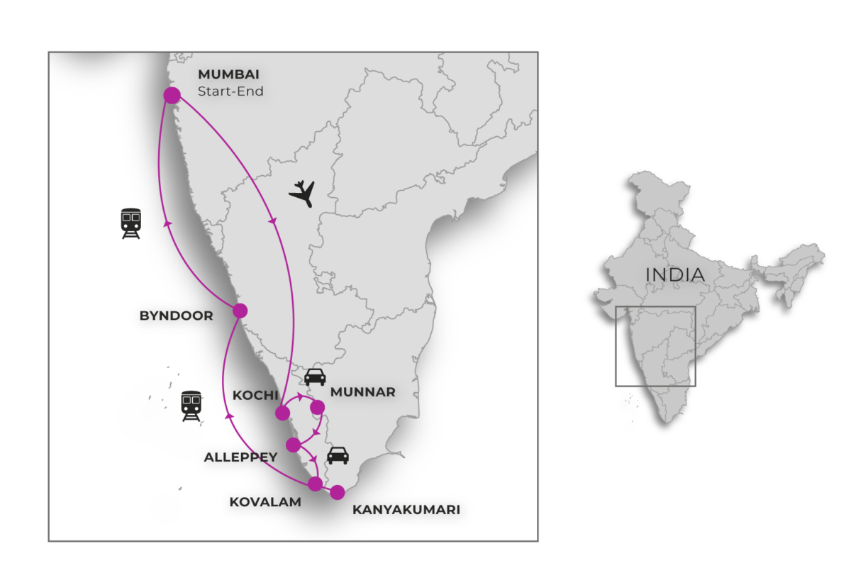 Mapa de la ruta del viaje de Kerala y la vida rural