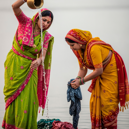 Dos mujeres indias con saris tradicionales realizando una actividad cultural junto al agua.